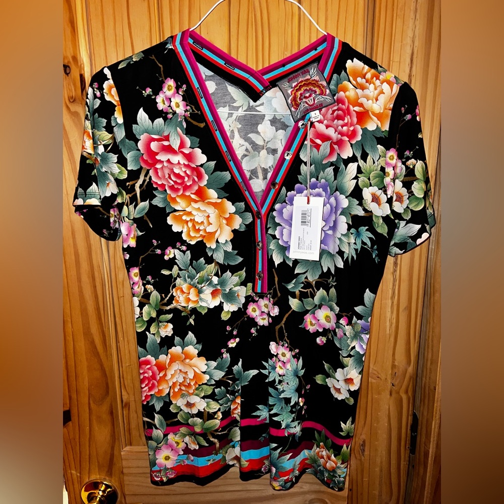 Johnny Was Black Floral Short Sleeve Tee with Multicolor Trim